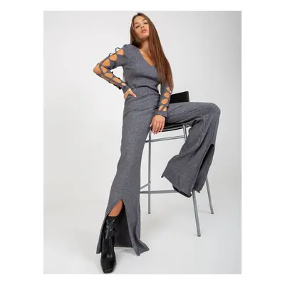 Dark grey knitted trousers with a high waist