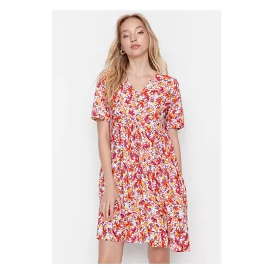 Trendyol Ecru Straight Cut Mini Woven Floral Pattern Woven Dress