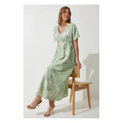 Happiness İstanbul Women's Green Tropical Patterned Summer Raw Linen Dress