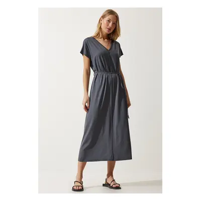 Happiness İstanbul Women's Anthracite Belted V Neck Viscose Dress