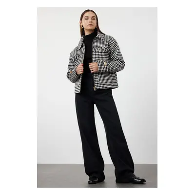 Trendyol Black Regular Fit Houndstooth Patterned Tassel Detailed Jacket Coat