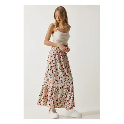 Happiness İstanbul Women's Cream Floral Flounce Viscose Skirt