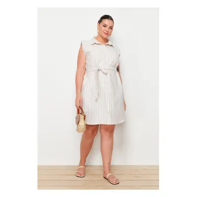 Trendyol Curve Beige Front Buttoned Midi Woven Linen Look Dress