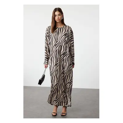 Trendyol Beige Crinkle Knitted Animal Zebra Patterned Dress