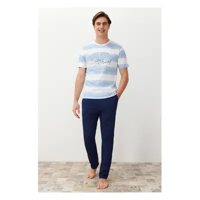 Trendyol Blue Regular Fit Striped Knitted Pajama Set