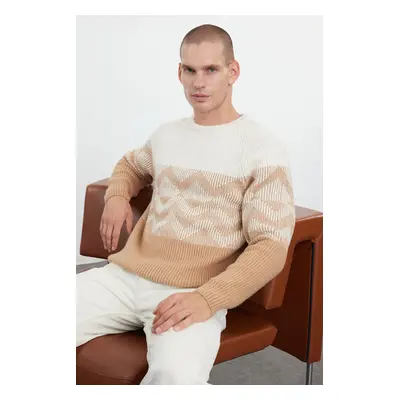 Trendyol Camel Regular Crew Neck Ethnic Knitwear Sweater