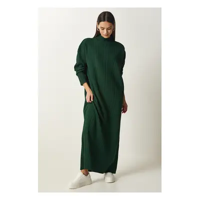 Happiness İstanbul Women's Dark Green High Collar Oversize Knitwear Dress