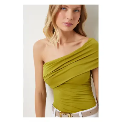 Happiness İstanbul Women's Oil Green One Shoulder Gathered Knitted Blouse