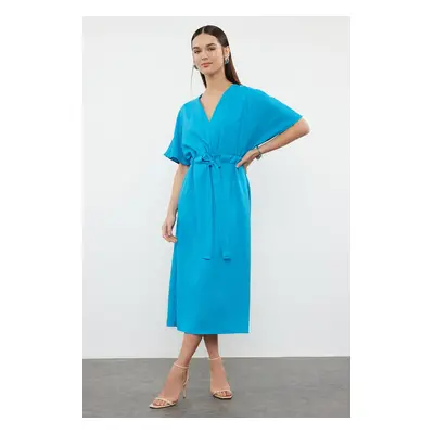 Trendyol Blue Belted A-Line/A-Line Midi Woven Dress