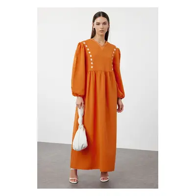 Trendyol Tile V-Neck Detailed Woven Linen Look Dress