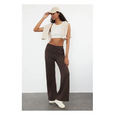 Trendyol Bitter Brown Cotton Wide Leg Thin Knitted Sports Sweatpants