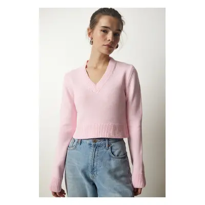 Happiness İstanbul Women's Light Pink V-Neck Crop Knitwear Sweater