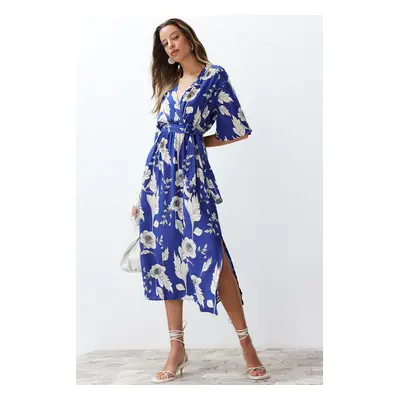 Trendyol Blue Belted Floral Print A-line Double-breasted Collar Midi Woven Dress