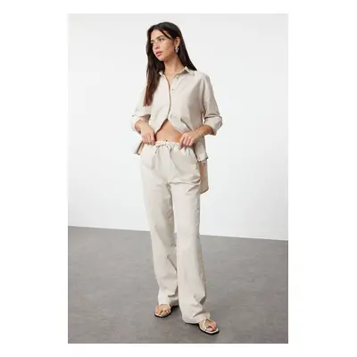 Trendyol Beige Linen Blend High Waist Striped Wide Leg Trousers