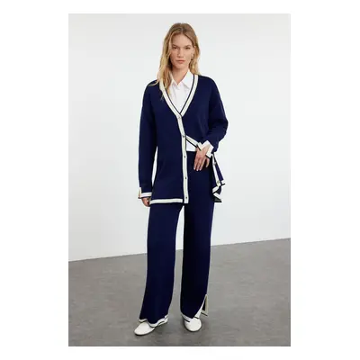 Trendyol Navy Blue Color Blocked Knitwear Cardigan Trousers Bottom-Top Set