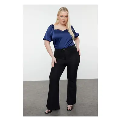 Trendyol Curve Navy Blue Satin Woven Plus Size Blouse