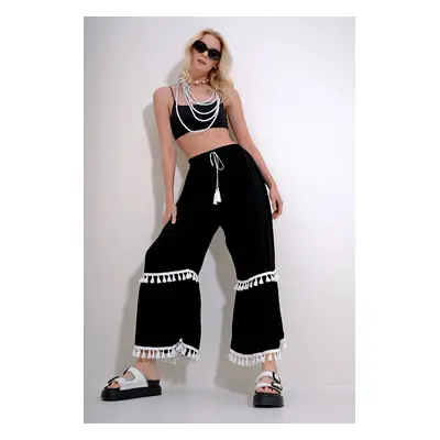 Trend Alaçatı Stili Women's Black Elastic Waist Tassel Detailed Wide Leg Woven Viscose Trousers