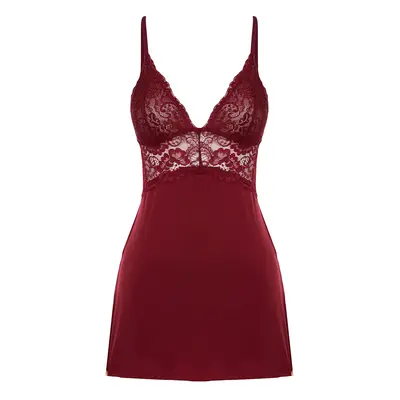 Trendyol Burgundy Lace and Slit Detailed Rope Strap Knitted Fantasy Nightgown