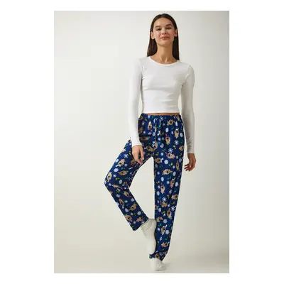 Happiness İstanbul Women's Blue Patterned Soft Textured Knitted Pajama Bottoms