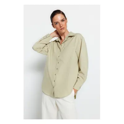 Trendyol Light Khaki Single Pocket Boyfriend/Wide Fit Cotton Woven Shirt