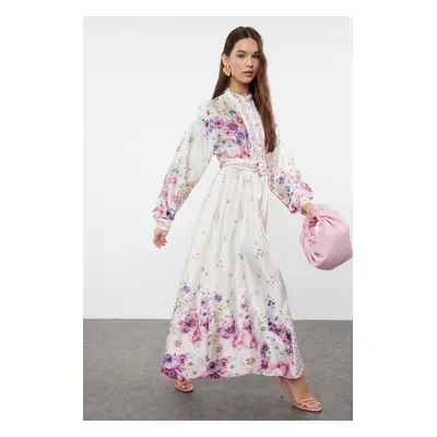 Trendyol Ecru Belted Woven Floral Patterned Dress