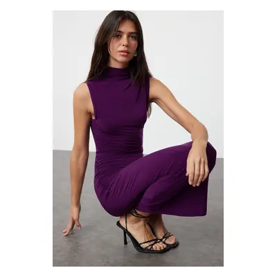 Trendyol Purple Plain Gathered Maxi Zero Sleeve Draped Bodycone/Fits Body Stretch Knit Dress