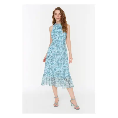 Trendyol Blue Midi Lined Woven High Neck Printed Woven Dress