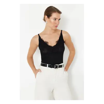 Trendyol Black Lace Detailed Textured Tulle Fitted Stretchy Knitted Undershirt