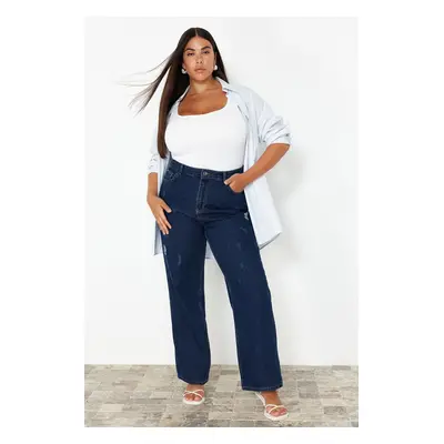 Trendyol Curve Navy Blue High Waist Wide Leg Denim Trousers