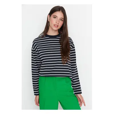 Trendyol Navy Blue Striped Oversize/Wide Cut Crew Neck Thin Knitted Sweatshirt