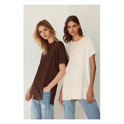 Trendyol Brown-Beige Pack Slit Detailed Crew Neck Short Sleeve Basic Knitted T-Shirt