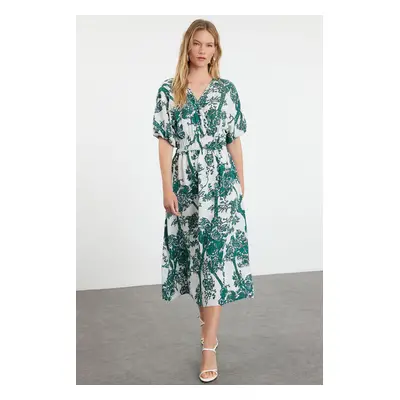 Trendyol Green Floral A-Line Double-Breasted Midi Woven Dress