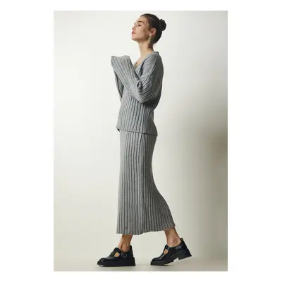 Happiness İstanbul Women's Gray Ribbed Sweater Skirt Knitwear Suit