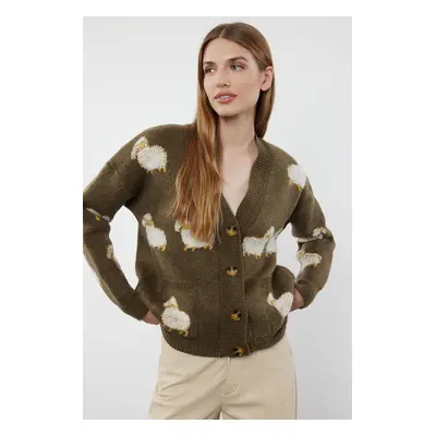 Trendyol Khaki Soft Textured Animal Patterned Knitwear Cardigan