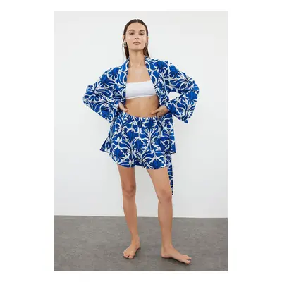 Trendyol Ethnic Patterned Belted Woven 100% Cotton Kimono Shorts Set