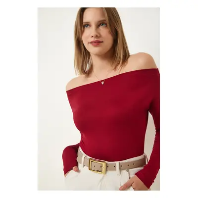 Happiness İstanbul Women's Burgundy Boat Neck Knitted Blouse