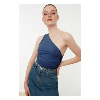 Trendyol Blue Ruffle Detailed Fitted One-Shoulder Stretchy Knitted Blouse