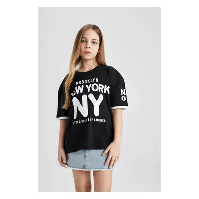 DEFACTO Girls Oversize Fit Crew Neck Printed Short Sleeve T-Shirt