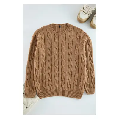 Trendyol Camel Unisex Couple Crew Neck Hair Knitted Sweater