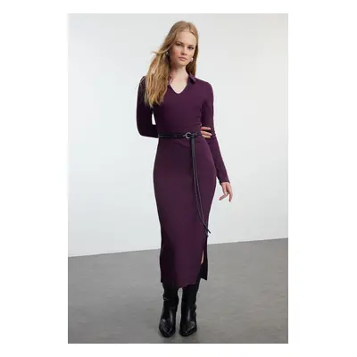 Trendyol Plum Straight Polo Neck Bodycone/Fitting Midi Knitted Dress