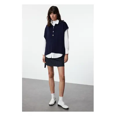 Trendyol Navy Blue Side Tie Detailed Collar Buttoned Knitwear Sweater