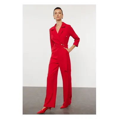 Trendyol Red Belted Double Breasted Long Woven Jumpsuit