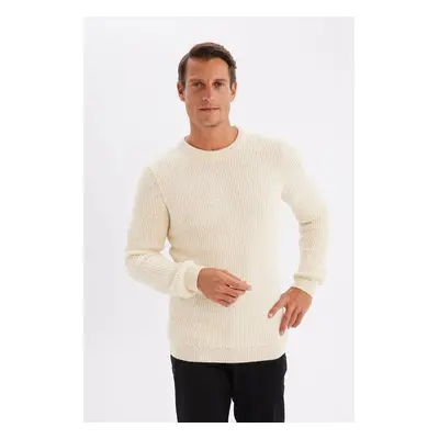 DEFACTO Men's Ecru Standard Fit Regular Cut Crew Neck Textured Knitwear Sweater