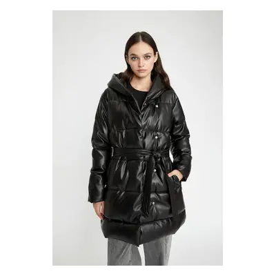 DEFACTO Water Repellent Hooded Thermal Insulated Pocket Polar Fleece Belted Faux Leather Puffer 