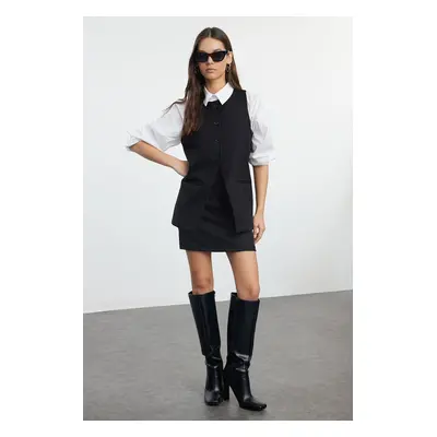 Trendyol Black Linen Look Woven Vest-Skirt Set