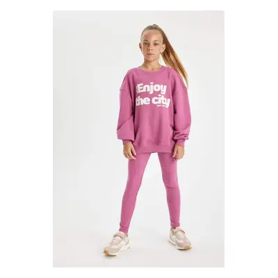 DEFACTO Girl's Crew Neck Printed Sweatshirt Basic Long Tights 2-Piece Set