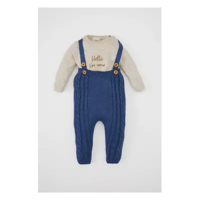 DEFACTO Baby Boy Long Sleeve Printed Knitted Sweater Overalls 2-Piece Set