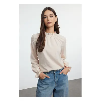 Trendyol Stone High Collar Long Sleeve Woven Blouse