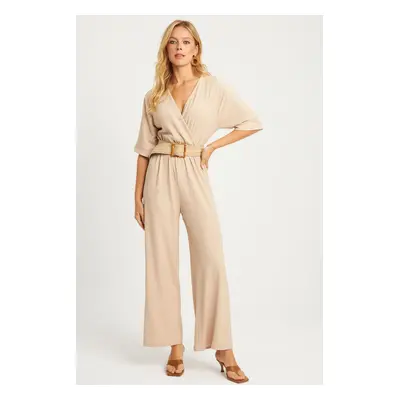 Cool & Sexy Women's Vanilla Double Breasted Belted Wrinkled Jumpsuit