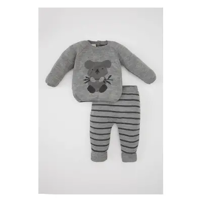 DEFACTO Baby Boy Long Sleeve Printed Knitwear Sweater Striped Bottom 2-Piece Set